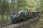 ‘Earl of Merioneth’ rounds Whistling Curve with an up train in the woods.       (01/05/2005)