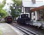 ‘Linda’ runs in to Minffordd with a freight train, ‘Taliesin’ waits for the road to Porthmadog   (04/05/2003)