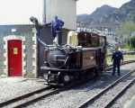 Time for another drink, the sun has come out and ‘Taliesin’ takes water at Blaenau Ffestiniog   (05/05/2003)