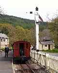The Talking Train after arrival at Tanybwlch, by the double-armed signal.   (01/05/2004)