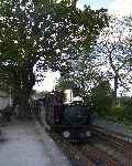 ‘Taliesin’ sits under the tree at Minffordd Station with the Talking Train.   (03/05/2004)