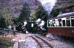 Leaving the down end of Tanygrisiau station, ‘Linda’ leads ‘Blanche’ onto the Deviation   (12/10/2002)