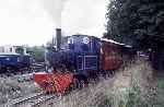 Andrew Barclay 0-6-0T ‘Doll’ leaves Pages Park, passing the shed   (10/09/1994)