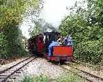 ‘Alice’ leads ‘PC Allen’ into Leedon loop with a down train, the flagmen follow up at the rear.   (07/09/2003)