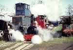 ‘Jack’ wreathed in steam on the demonstration line at Armley Mills.   (04/04/1994)