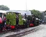 The two original locomotives, ‘Dolgoch’ and ‘Talyllyn’ lead the line-up in Tywyn Wharf loop   (29/07/2001)
