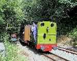 ‘Dolgoch’ runs in to the top end of Abergynolwyn with a down train arriving from Nant Gwernol.   (01/08/2001)