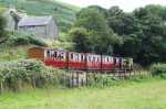Viewed from the road leading to Brynglas, ‘Dolgoch’ waits in the loop with the vintage train   (29/07/2000)